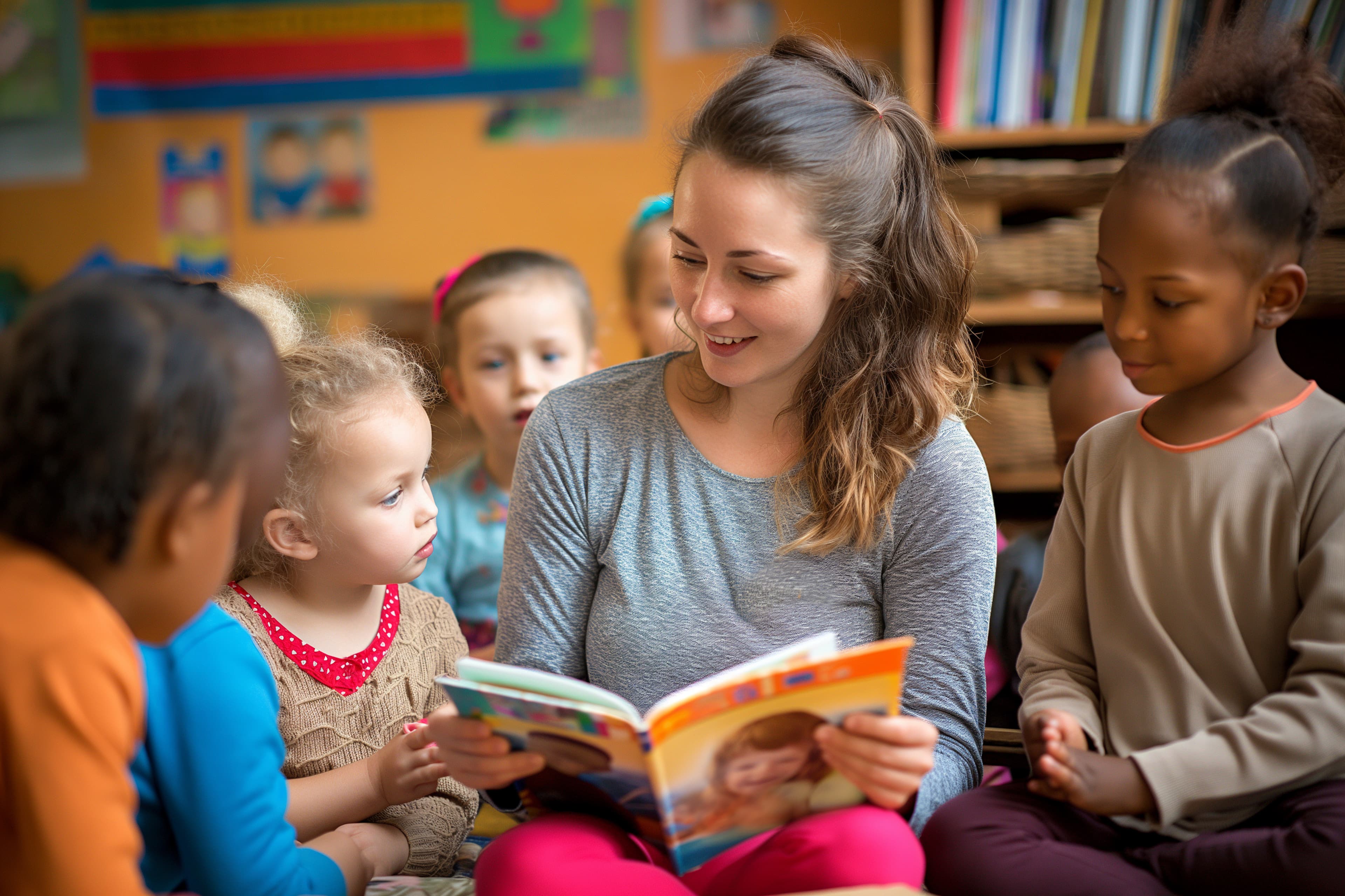 Children gathered around a guide reading a colorful picture book