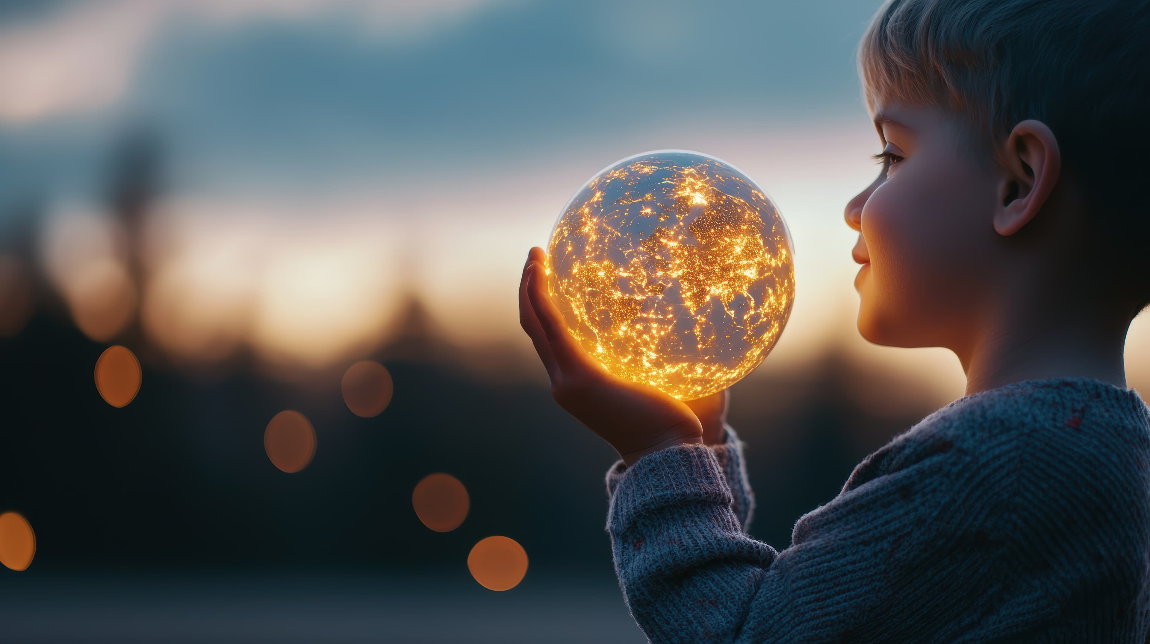 Child holding a glowing globe, representing compassionate leadership