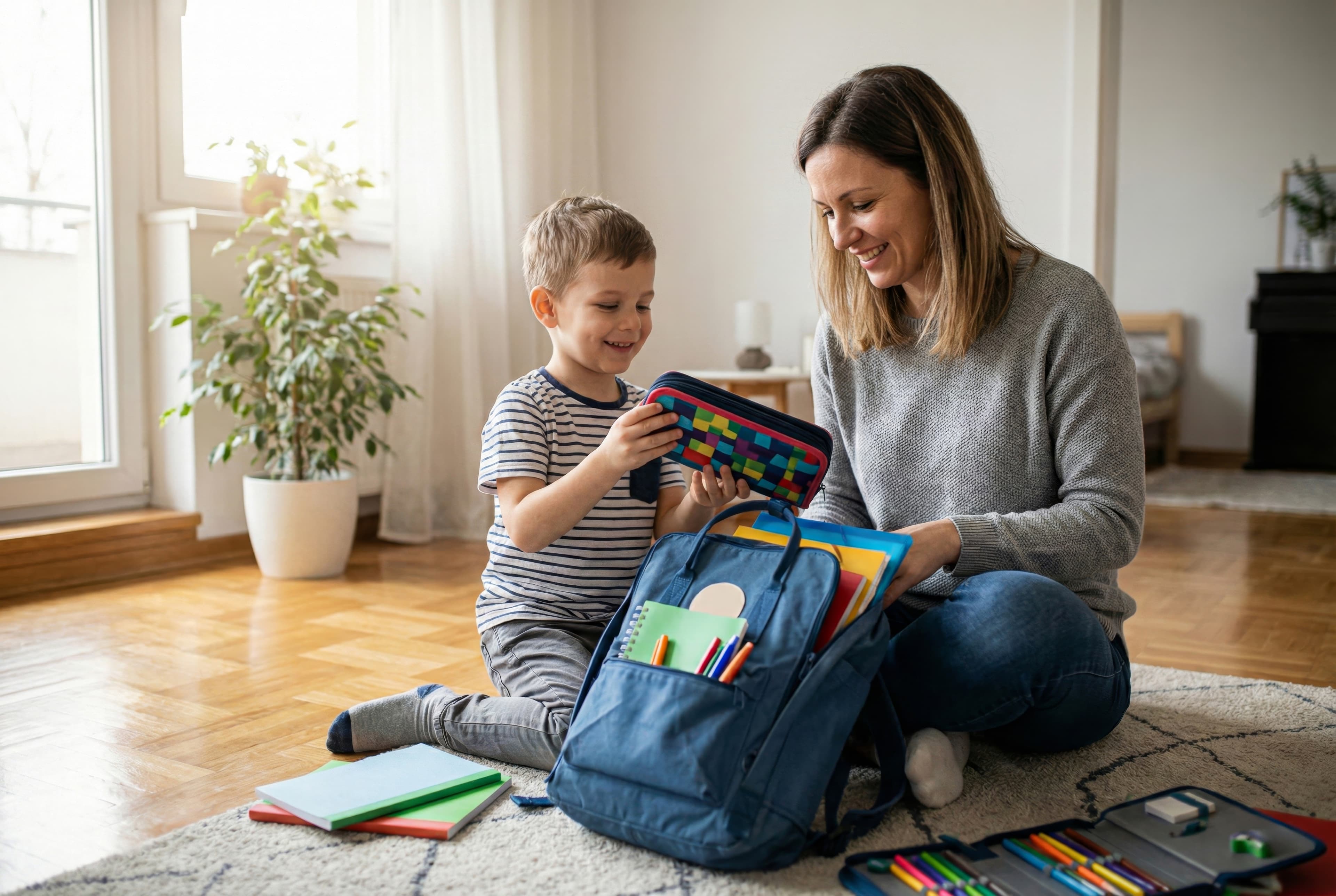 Child preparing school materials with a parent for the next step in learning